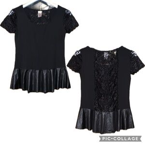 NEW! Xinki Boutique Black Lace Inset Short Sleeve Faux Leather Peplum Hem Top